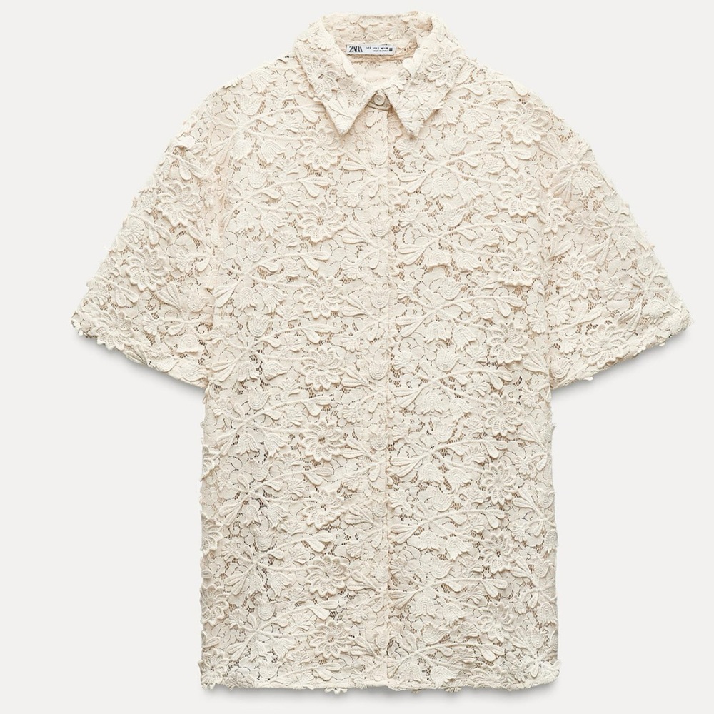 Zara ZW Collection Crotchet Shirt Cream  Short Sleeve Shirt Size XS NWT❣️
